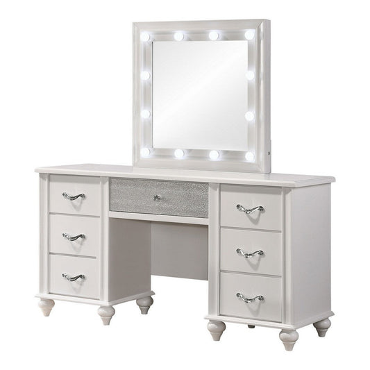 Dini 62 Inch 7 Drawer Vanity Desk with LED Lighted Mirror, Classic White By Casagear Home