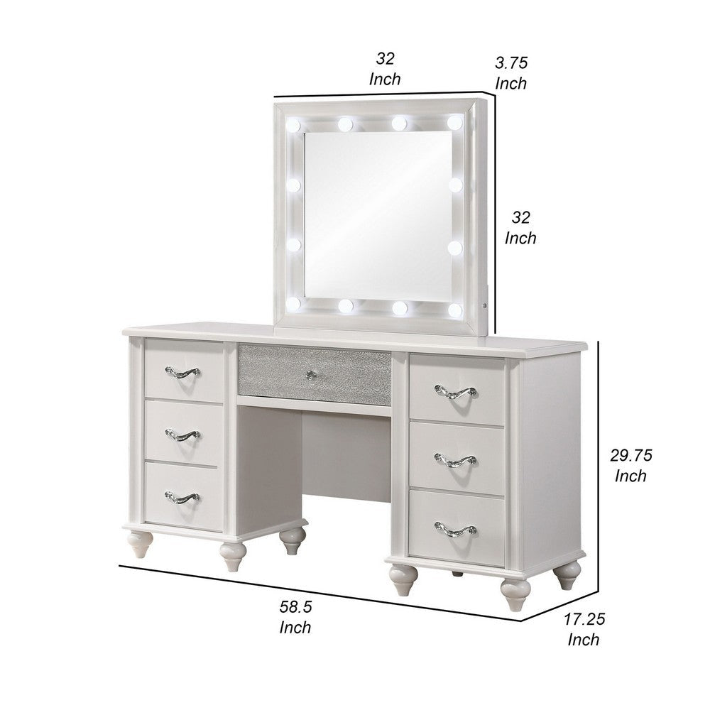 Dini 62 Inch 7 Drawer Vanity Desk with LED Lighted Mirror Classic White By Casagear Home BM302879