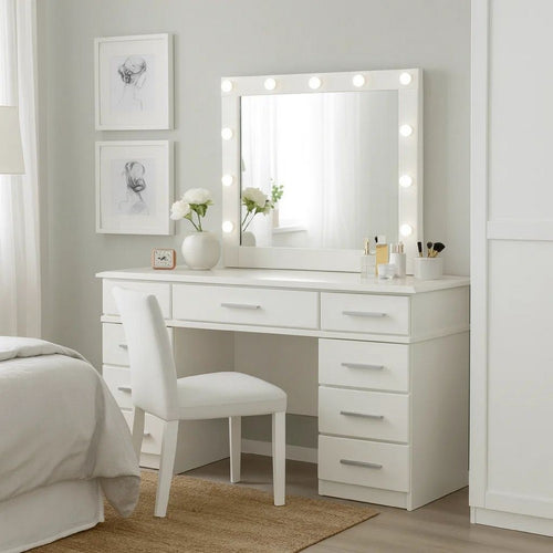 Sok 60 Inch 9 Drawer Vanity Desk with LED Lighted Mirror, Glossy White Wood
