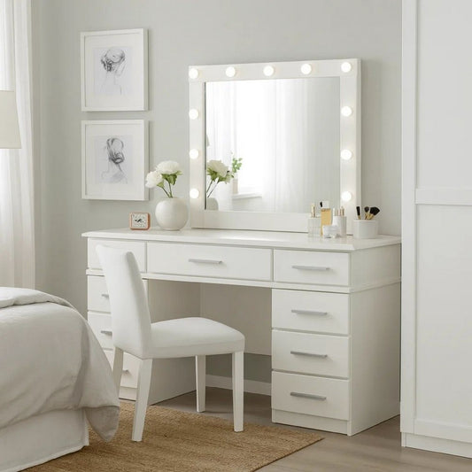 Sok 60 Inch 9 Drawer Vanity Desk with LED Lighted Mirror, Glossy White Wood