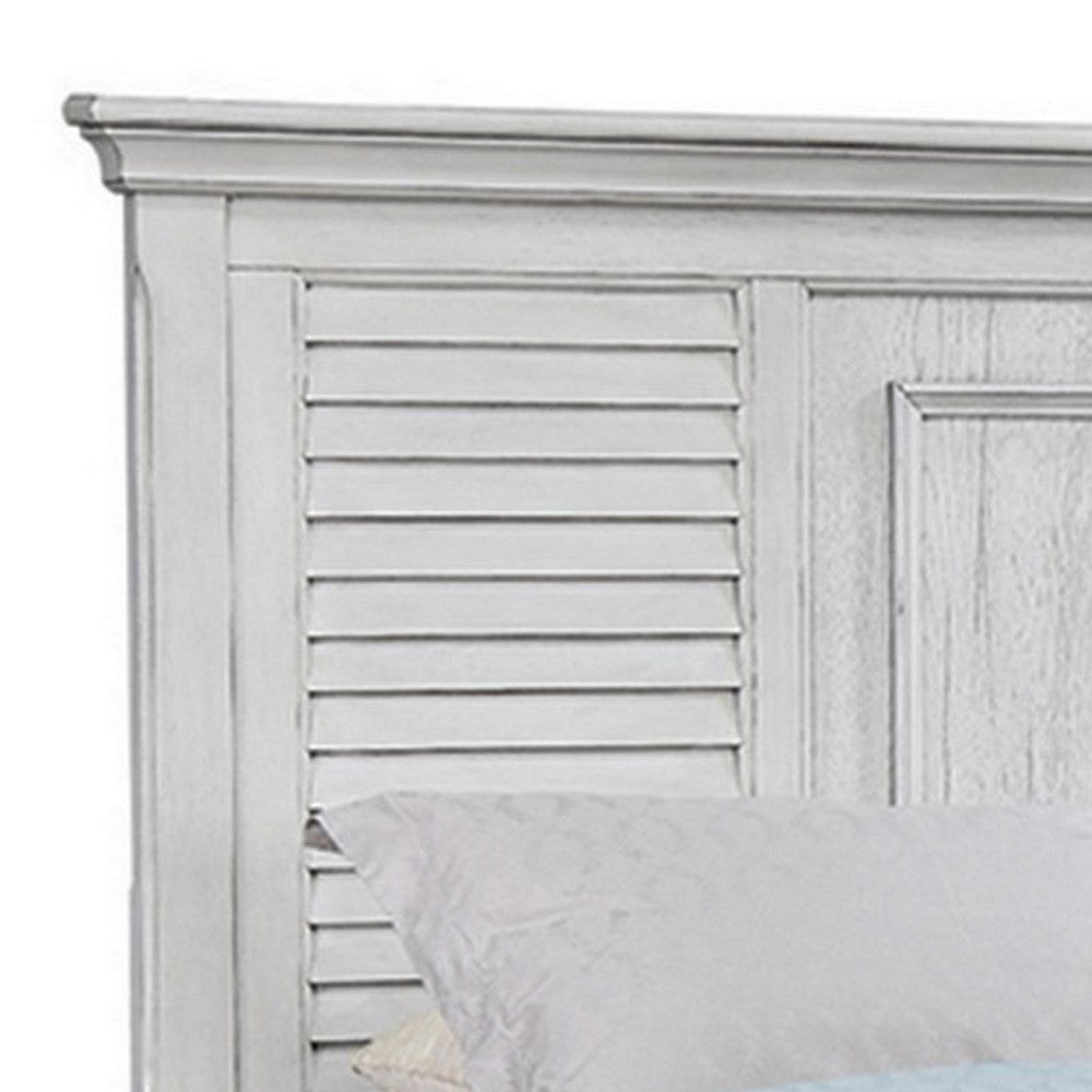 Eli Queen Panel Bed Pine Wood Shutter Headboard Molded Trim Antique White By Casagear Home BM302887