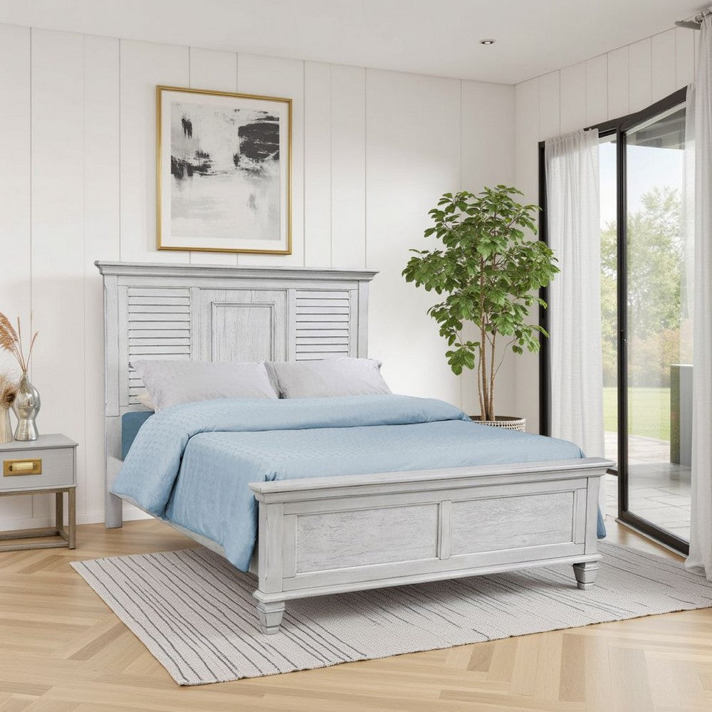 Eli Queen Panel Bed, Pine Wood Shutter Headboard, Molded Trim Antique White By Casagear Home