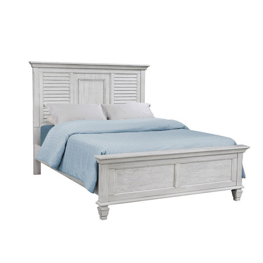 Eli Queen Panel Bed, Pine Wood Shutter Headboard, Molded Trim Antique White By Casagear Home