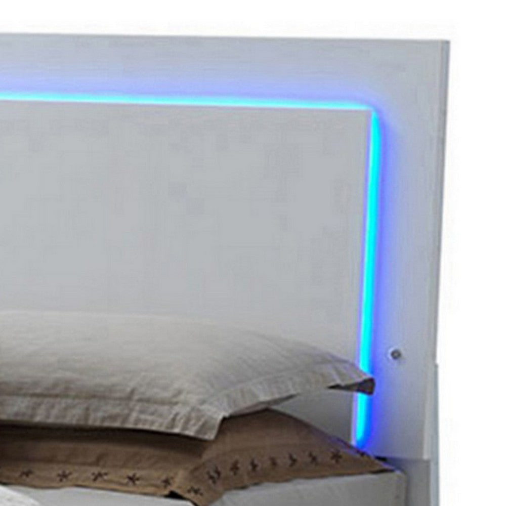 Sok Queen Panel Bed with LED Headboard Low Profile Footboard Glossy White BM302897