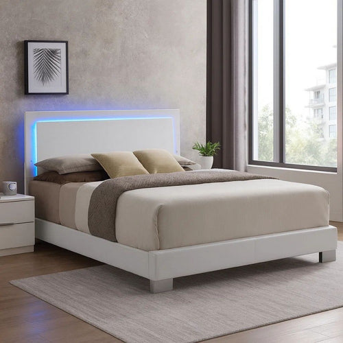 Sok Queen Panel Bed with LED Headboard, Low Profile Footboard, Glossy White