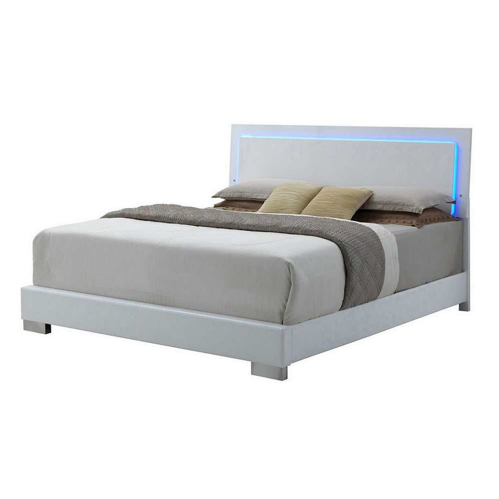 Sok Queen Panel Bed with LED Headboard, Low Profile Footboard, Glossy White