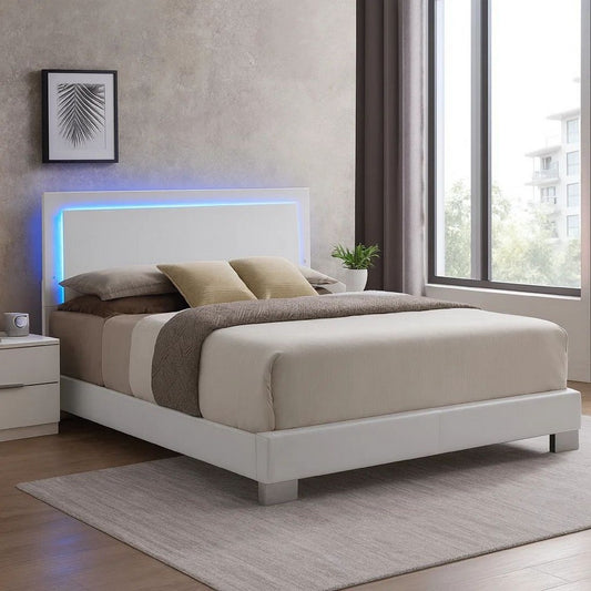 Sok King Panel Bed with LED Headboard, Low Profile Footboard, Glossy White