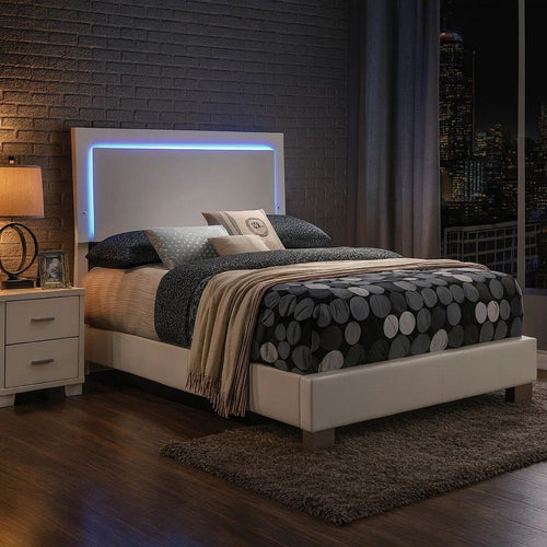 Sok Full Panel Bed with LED Headboard, Low Profile Footboard, Glossy White