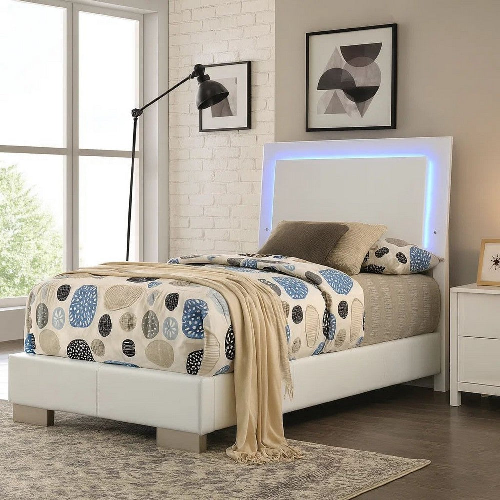 Sok Twin Panel Bed with LED Headboard, Low Profile Footboard, Glossy White