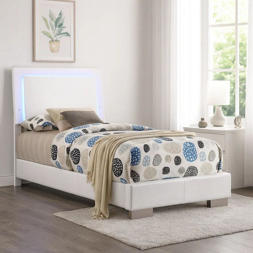 Sok Twin Panel Bed with LED Headboard, Low Profile Footboard, Glossy White