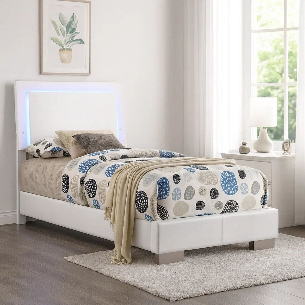 Sok Twin Panel Bed with LED Headboard, Low Profile Footboard, Glossy White