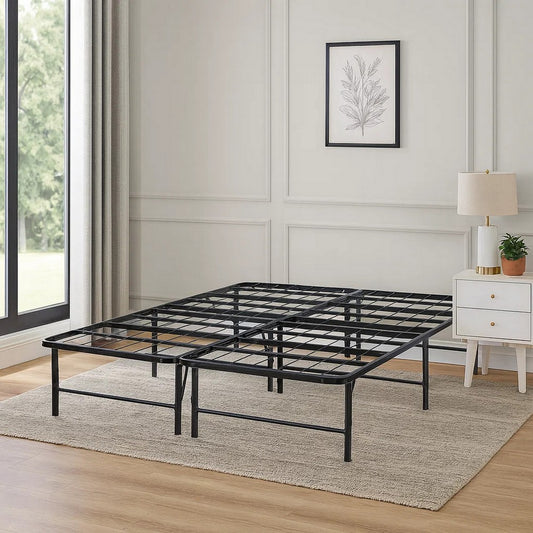 Full Size Bed Frame Foundadtion, Metal Base, Under Bed Storage Space, Black