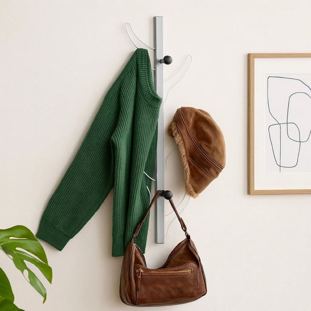 34 Inch Wall Mounted Coat and Hat Rack with 8 Hooks, Silver Metal Frame By Casagear Home