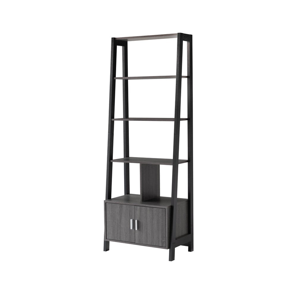 70 Inch Ladder Bookcase with Double Door Cabinet, 3 Shelves, Gray, Black By Casagear Home