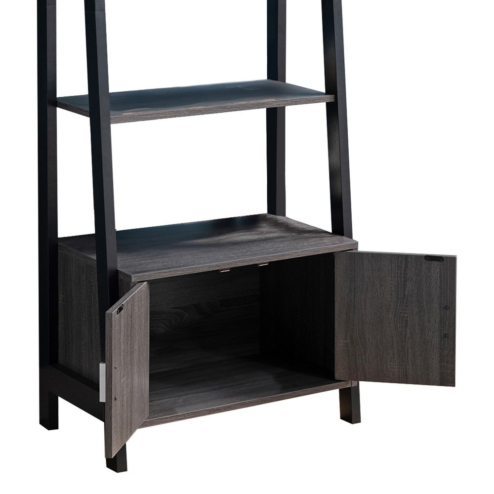 70 Inch Ladder Bookcase with Double Door Cabinet, 3 Shelves, Gray, Black By Casagear Home