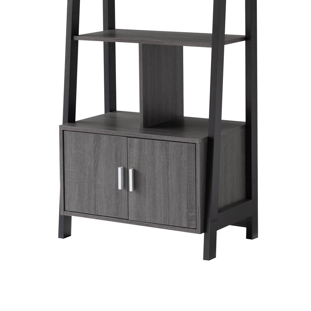 70 Inch Ladder Bookcase with Double Door Cabinet, 3 Shelves, Gray, Black By Casagear Home