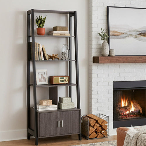 70 Inch Ladder Bookcase with Double Door Cabinet, 3 Shelves, Gray, Black By Casagear Home