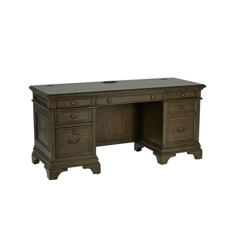 66 Inch Wood Executive Desk, 4 Drawers, Keyboard Tray, Power Outlet, Brown