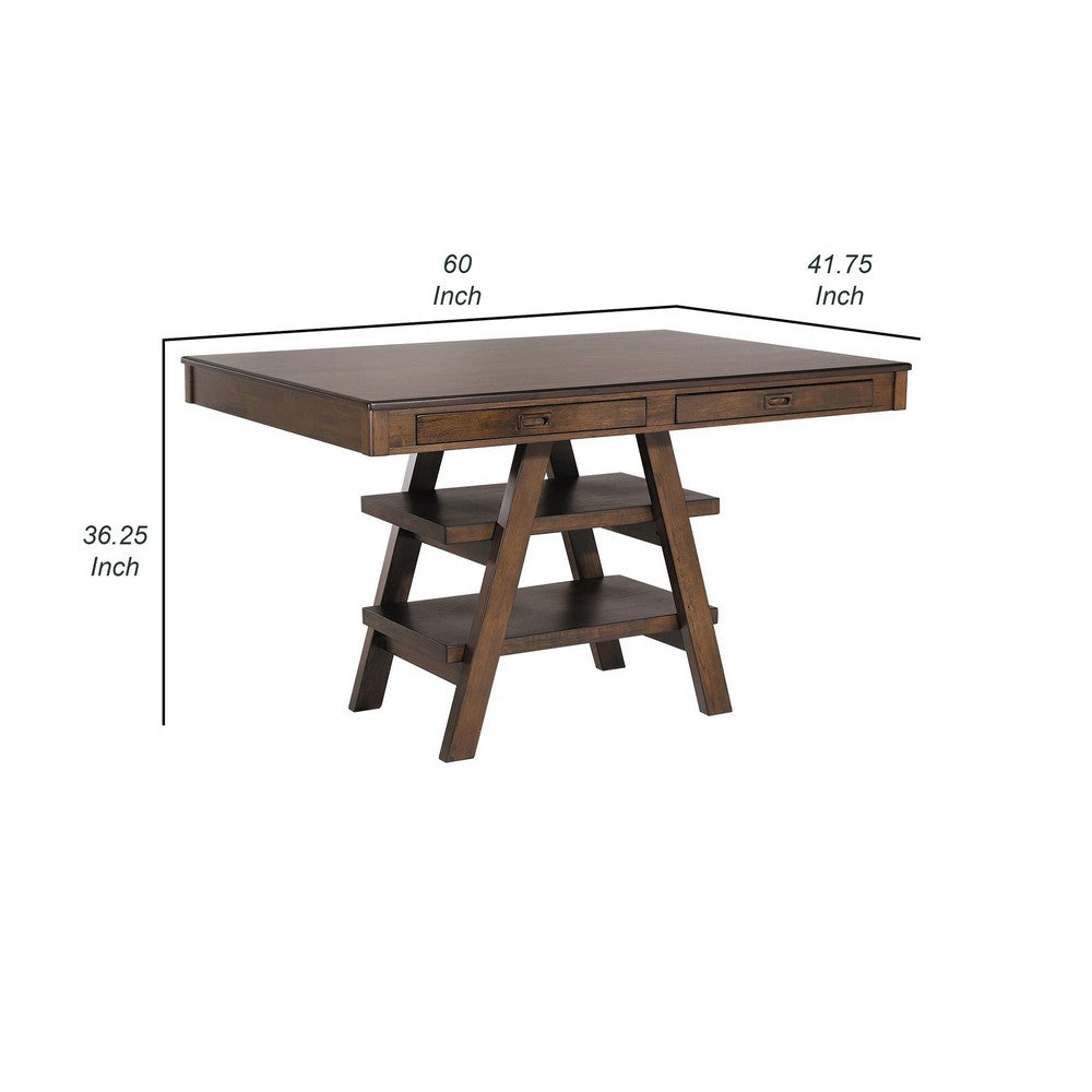 60 Inch Counter Height Dining Table, 2 Drawers, A Frame, Walnut Brown