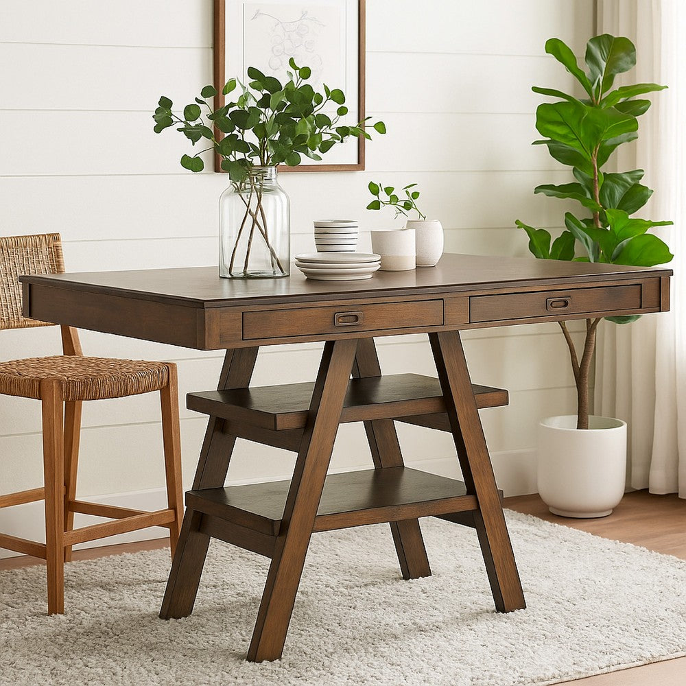 60 Inch Counter Height Dining Table, 2 Drawers, A Frame, Walnut Brown