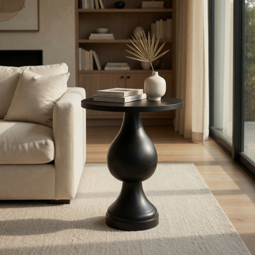 Niko 24 Inch Artisan Round Accent Table, Smooth Pedestal Design, Black Wood By Casagear Home