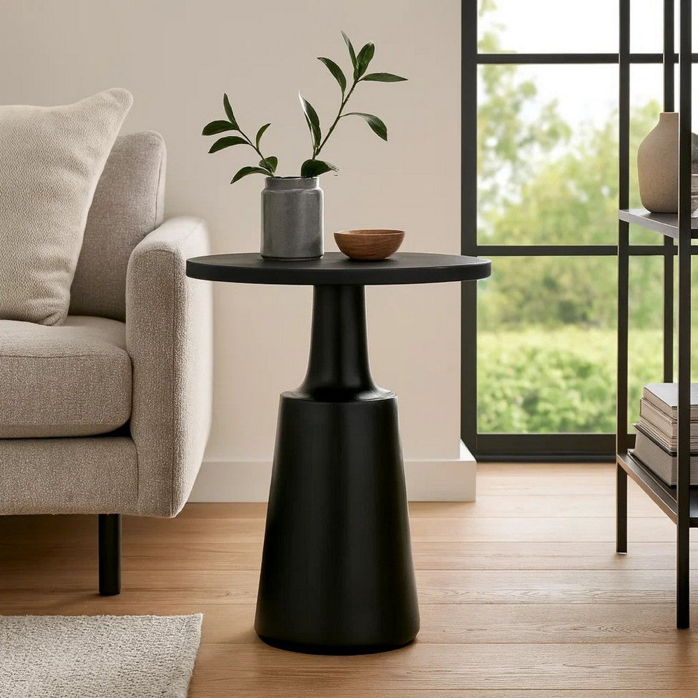Coch 24 Inch Artisan Accent Table with Round Tabletop, Tapered Base, Black