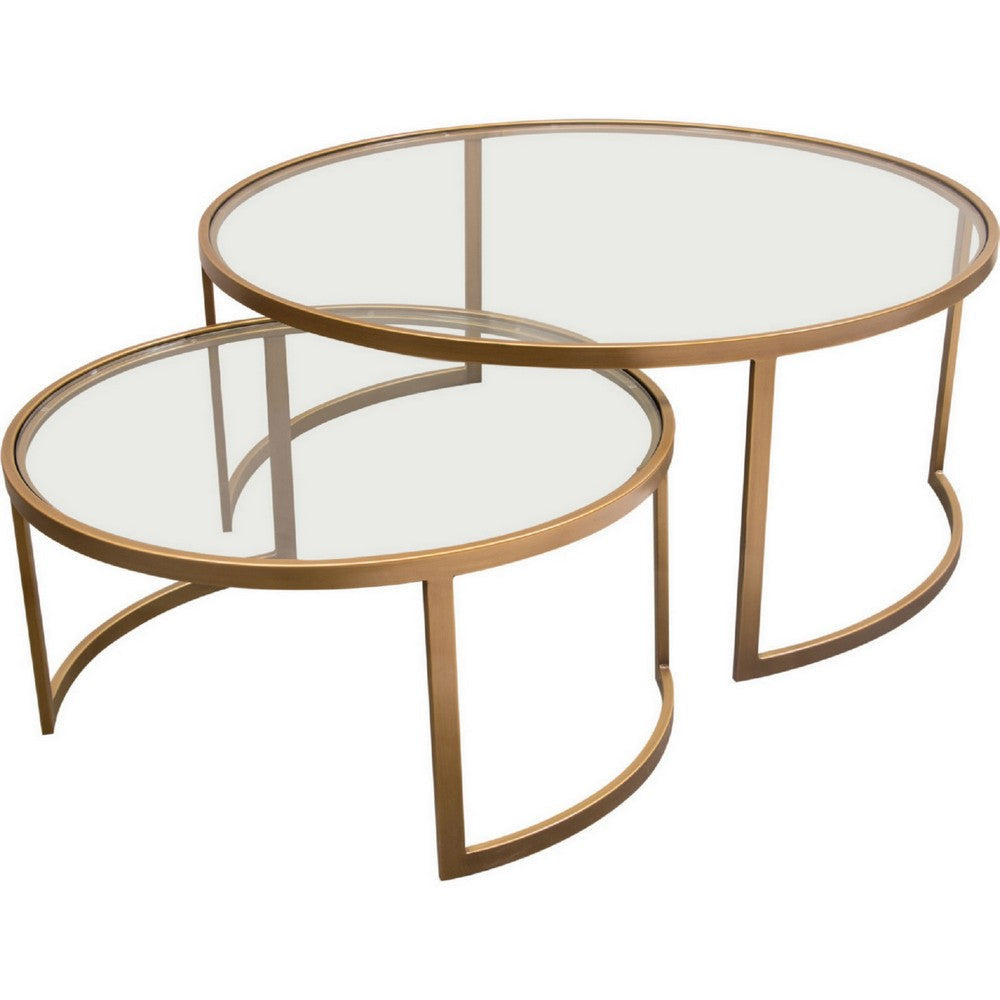 40 Inch Round Nesting Coffee Table Set Clear Glass Tops Gold Brass Frame By Casagear Home BM303155