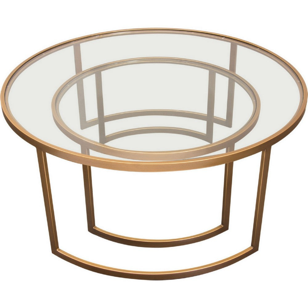 40 Inch Round Nesting Coffee Table Set Clear Glass Tops Gold Brass Frame By Casagear Home BM303155