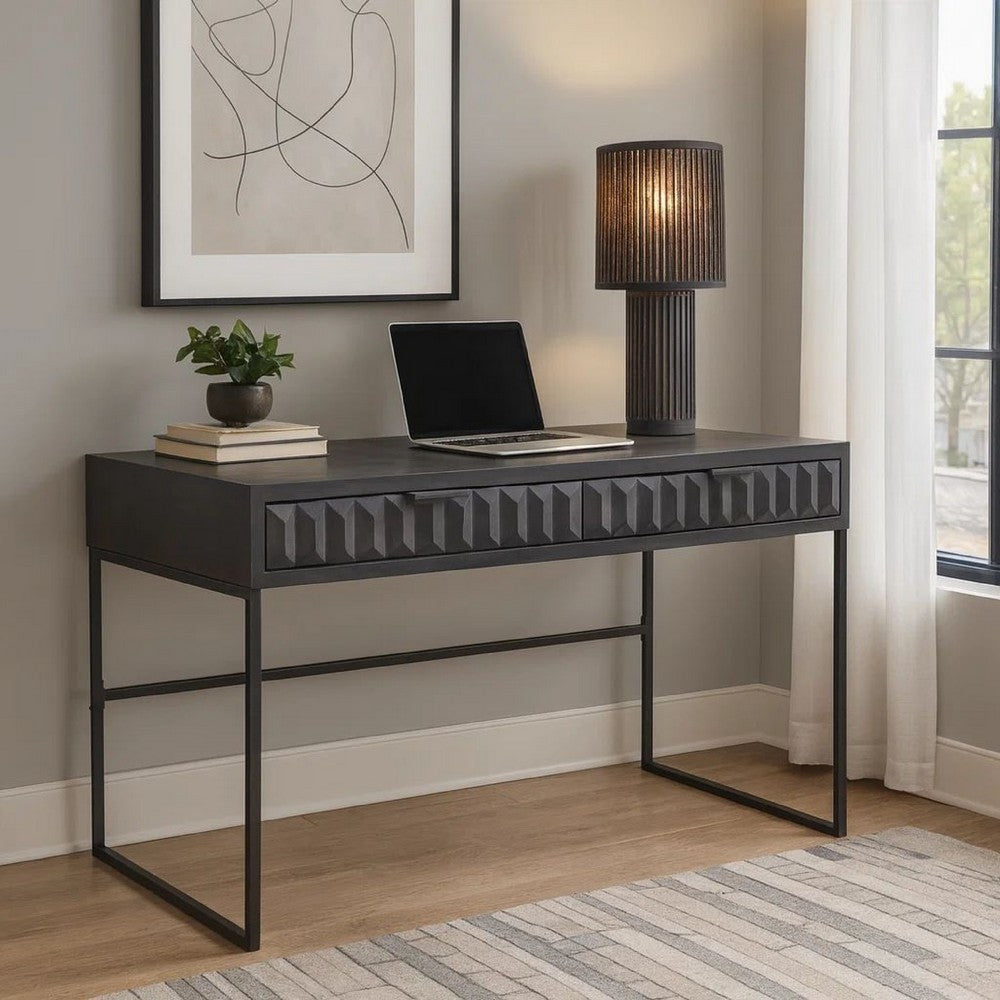 Fiva 47 Inch 2 Drawer Desk, Embossed Geometric Patterns, Smoke Gray Wood By Casagear Home