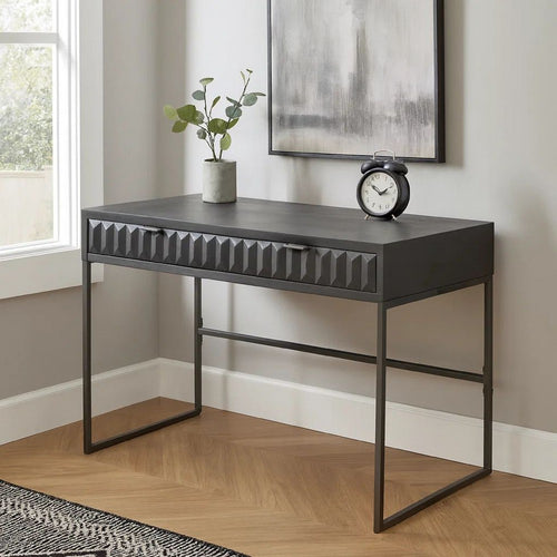 Fiva 47 Inch 2 Drawer Desk, Embossed Geometric Patterns, Smoke Gray Wood By Casagear Home
