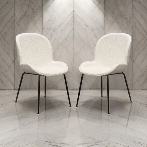 21 Inch Dining Chairs, Set of 2, Black Metal Legs, Ivory Boucle Upholstery By Casagear Home