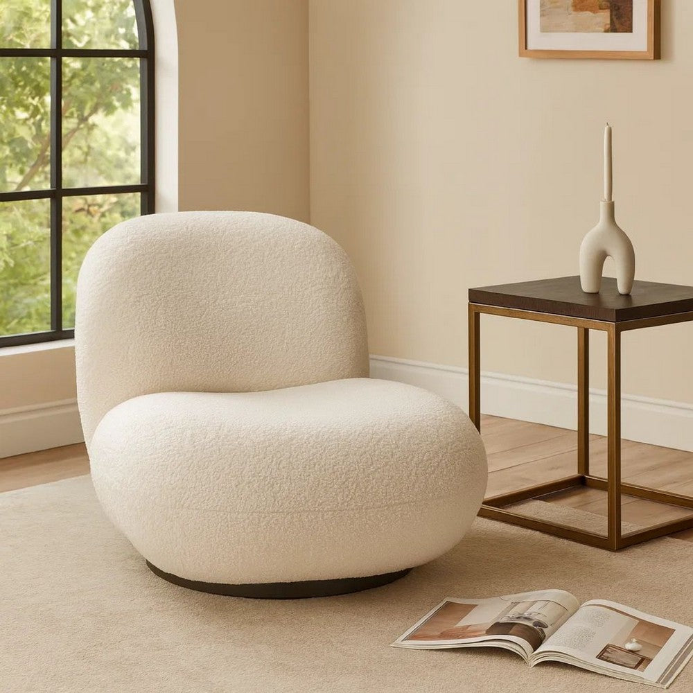37 Inch Swivel Accent Chair with Padded Seating, White Faux Sheepskin By Casagear Home