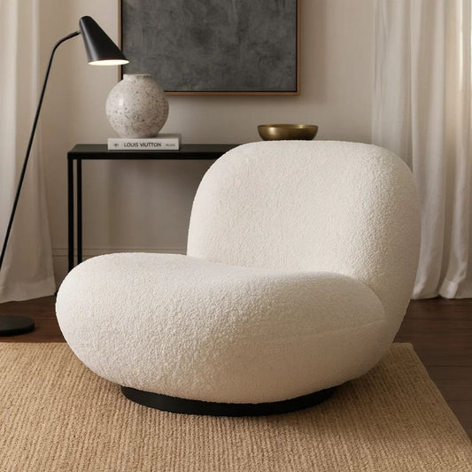 37 Inch Swivel Accent Chair with Padded Seating, White Faux Sheepskin By Casagear Home