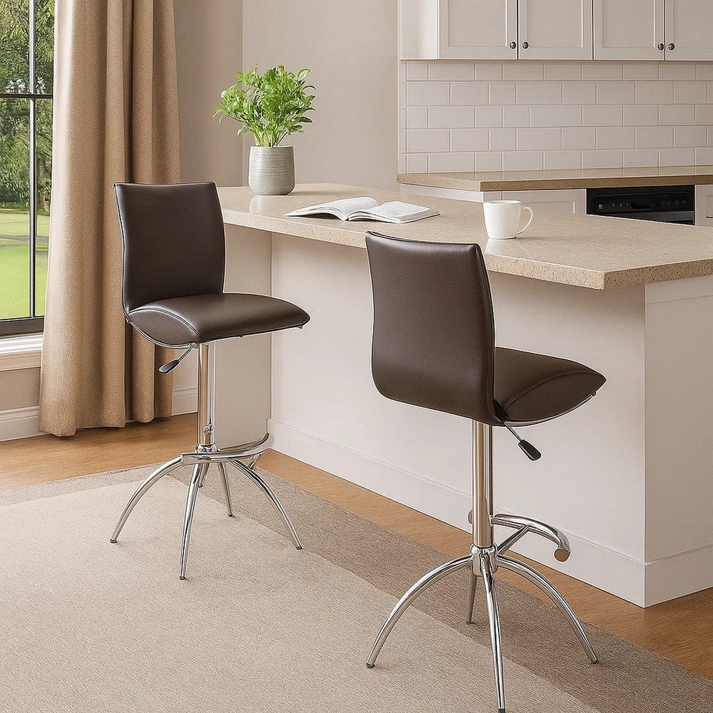 Deko 26-31 Inch Adjustable Height Barstool Chair, Chrome Brown Faux Leather By Casagear Home