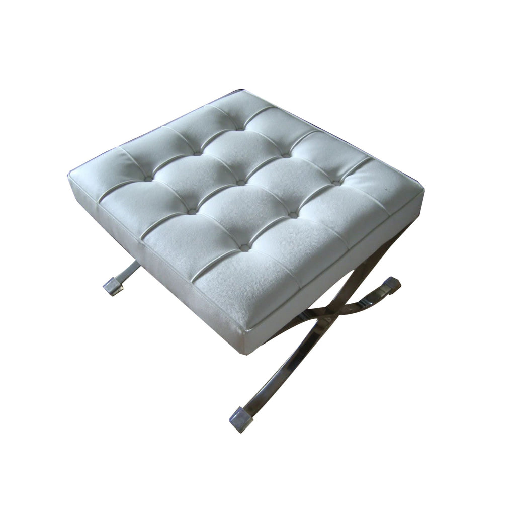 Alee 27 Inch Ottoman, Square Tufting, Crossed Legs, White Faux Leather By Casagear Home