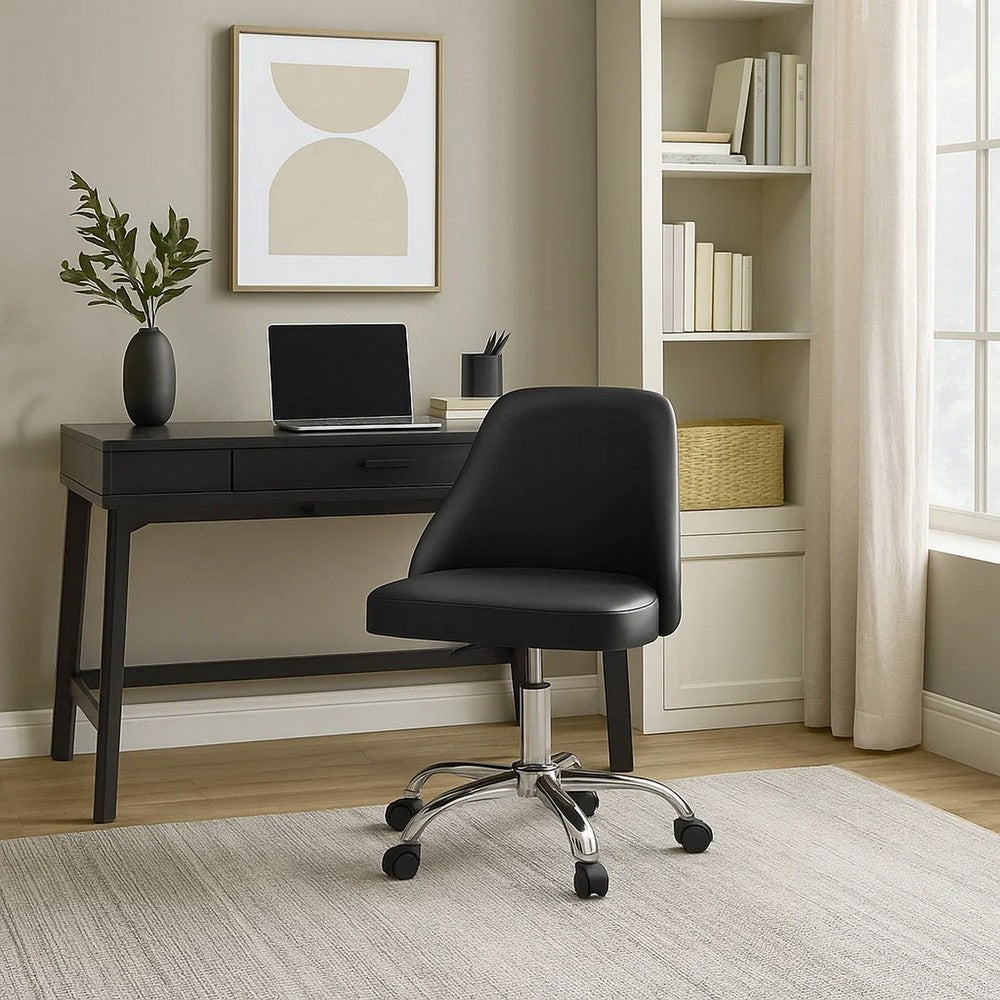 Yim 22 Inch Adjustable Swivel Office Chair, Black Faux Leather, Chrome Base By Casagear Home