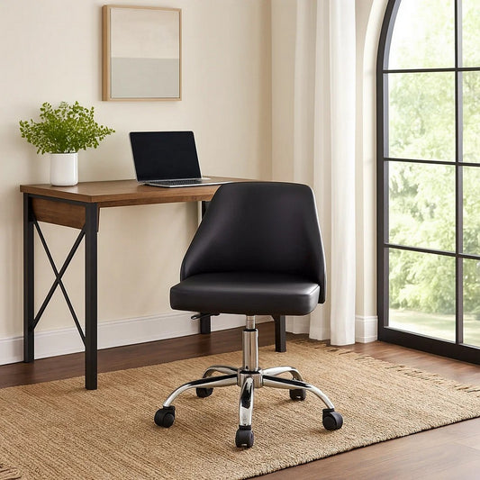 Yim 22 Inch Adjustable Swivel Office Chair, Black Faux Leather, Chrome Base By Casagear Home