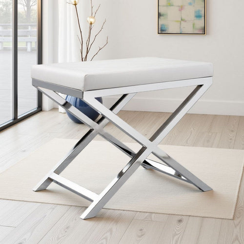 Sumi 18 Inch Stool, Padded Seat, White Faux Leather, Crossed Chrome Legs By Casagear Home