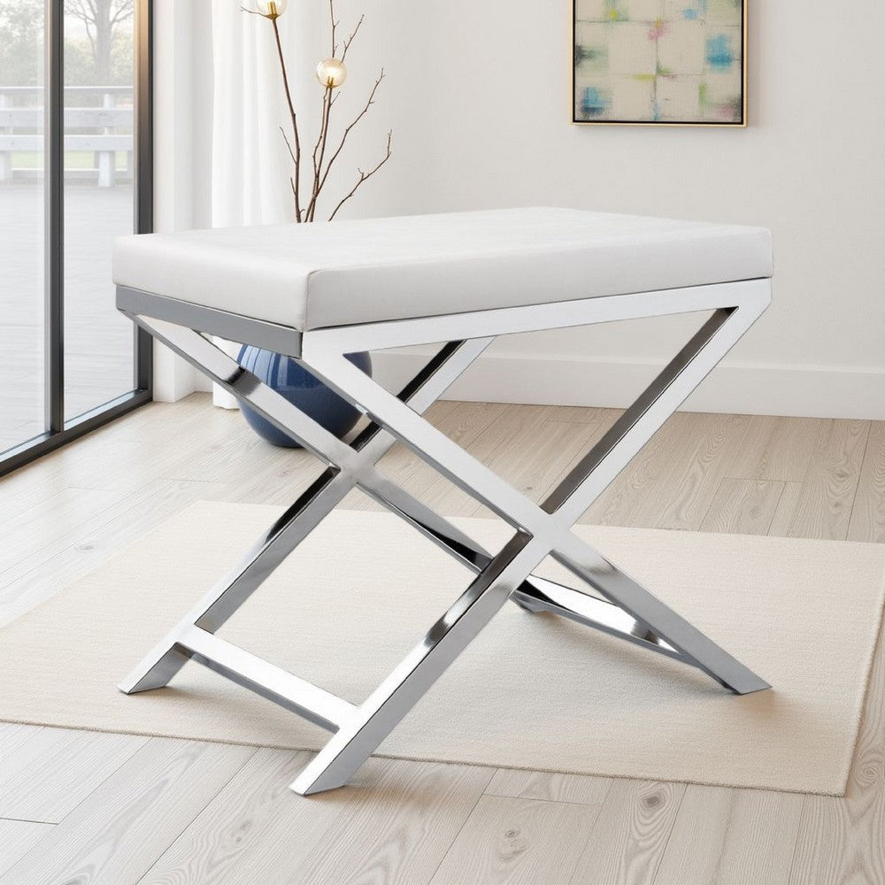 Sumi 18 Inch Stool, Padded Seat, White Faux Leather, Crossed Chrome Legs By Casagear Home