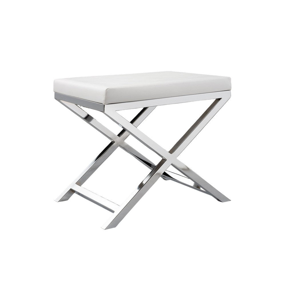 Sumi 18 Inch Stool Padded Seat White Faux Leather Crossed Chrome Legs By Casagear Home BM304677