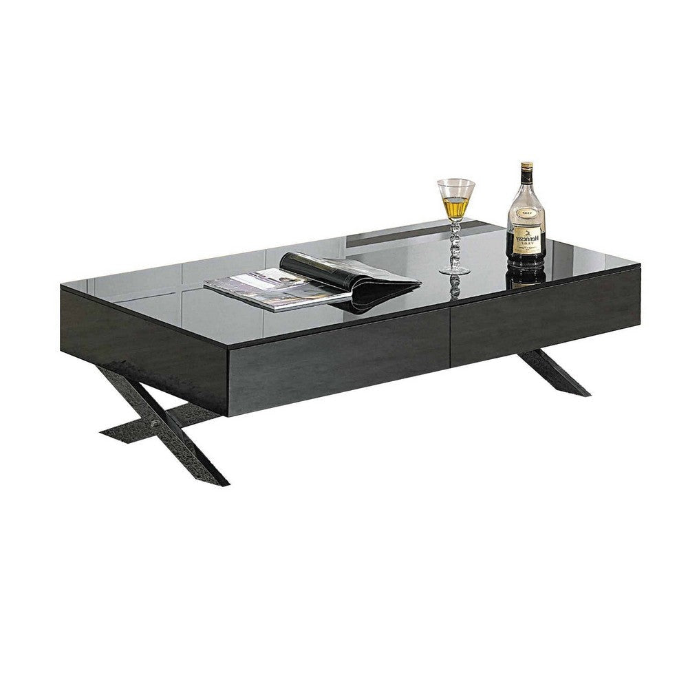 Tika 51 Inch 2 Drawer Coffee Table, Mirrored Glass Top, Cross Legs, Black By Casagear Home