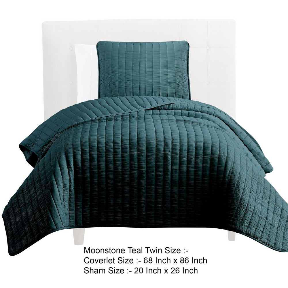 Elia Twin Contemporary Quilt Coverlet Set with Crinkle Texture, Teal Green By Casagear Home