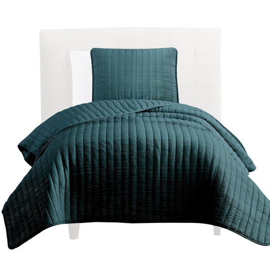 Elia Twin Contemporary Quilt Coverlet Set with Crinkle Texture, Teal Green By Casagear Home