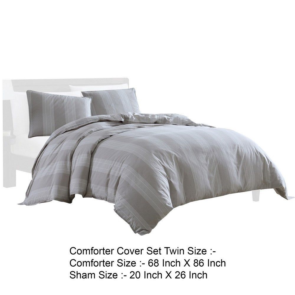 Kia 2 Piece Twin Comforter Set, Yarn Dyed Cotton, Beige Vertical Stripes By Casagear Home