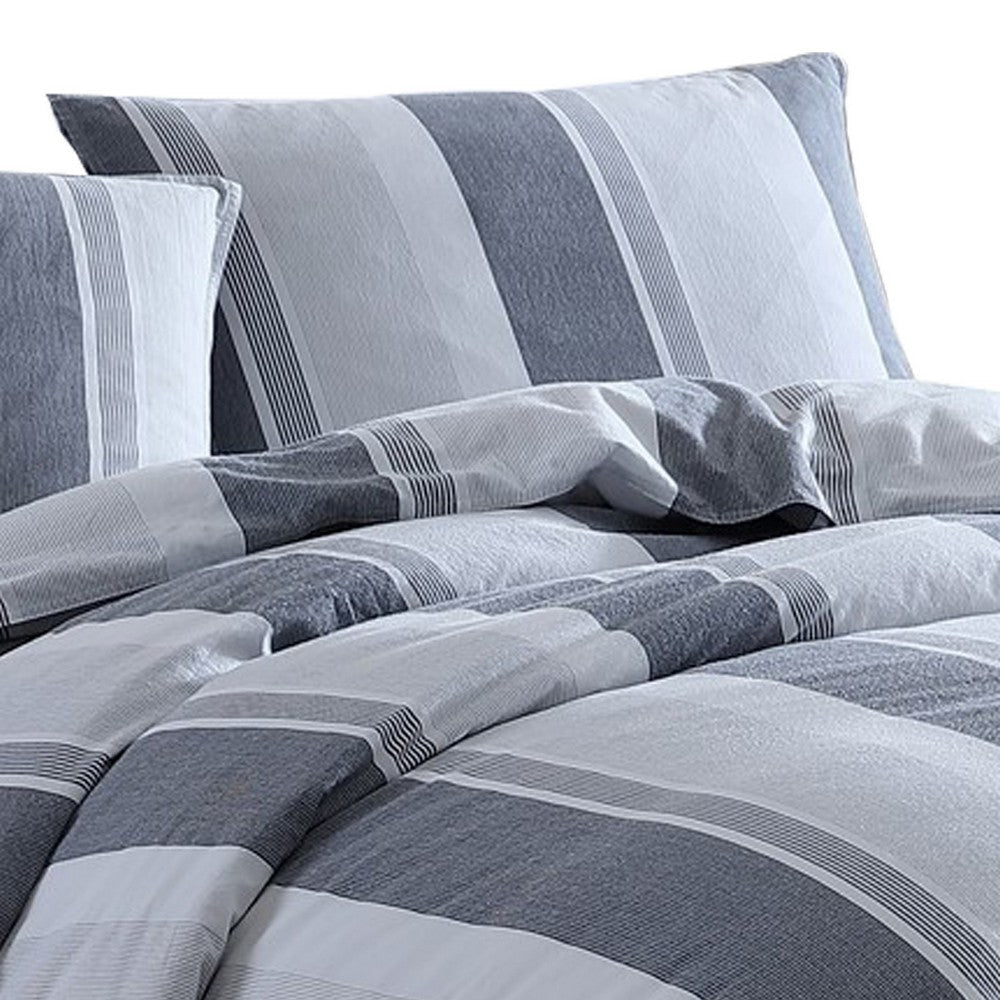 Kia 2 Piece Twin Comforter Set, Yarn Dyed Cotton, Gray Vertical Stripes By Casagear Home