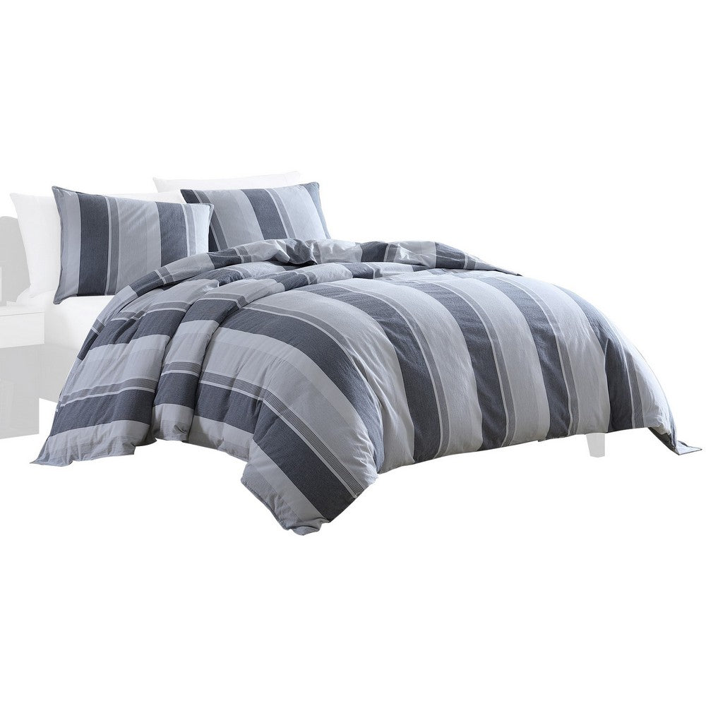 Kia 2 Piece Twin Comforter Set, Yarn Dyed Cotton, Gray Vertical Stripes By Casagear Home