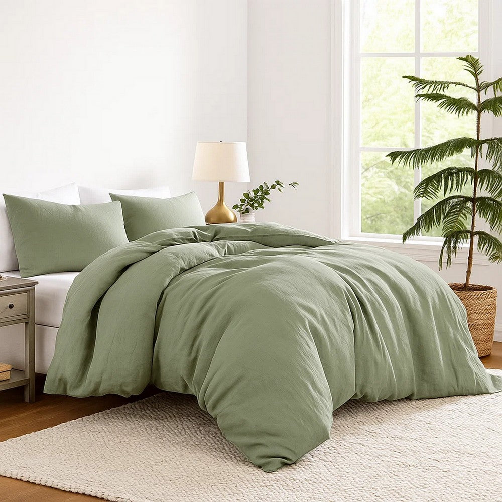 Edge 4 Piece Queen Size Duvet Comforter Set, Washed Linen, Sage Green By Casagear Home
