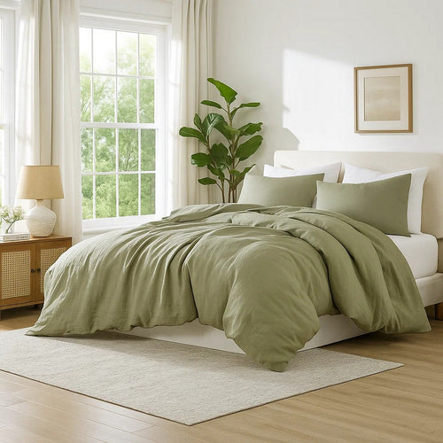 Edge 4 Piece Queen Size Duvet Comforter Set, Washed Linen, Sage Green By Casagear Home