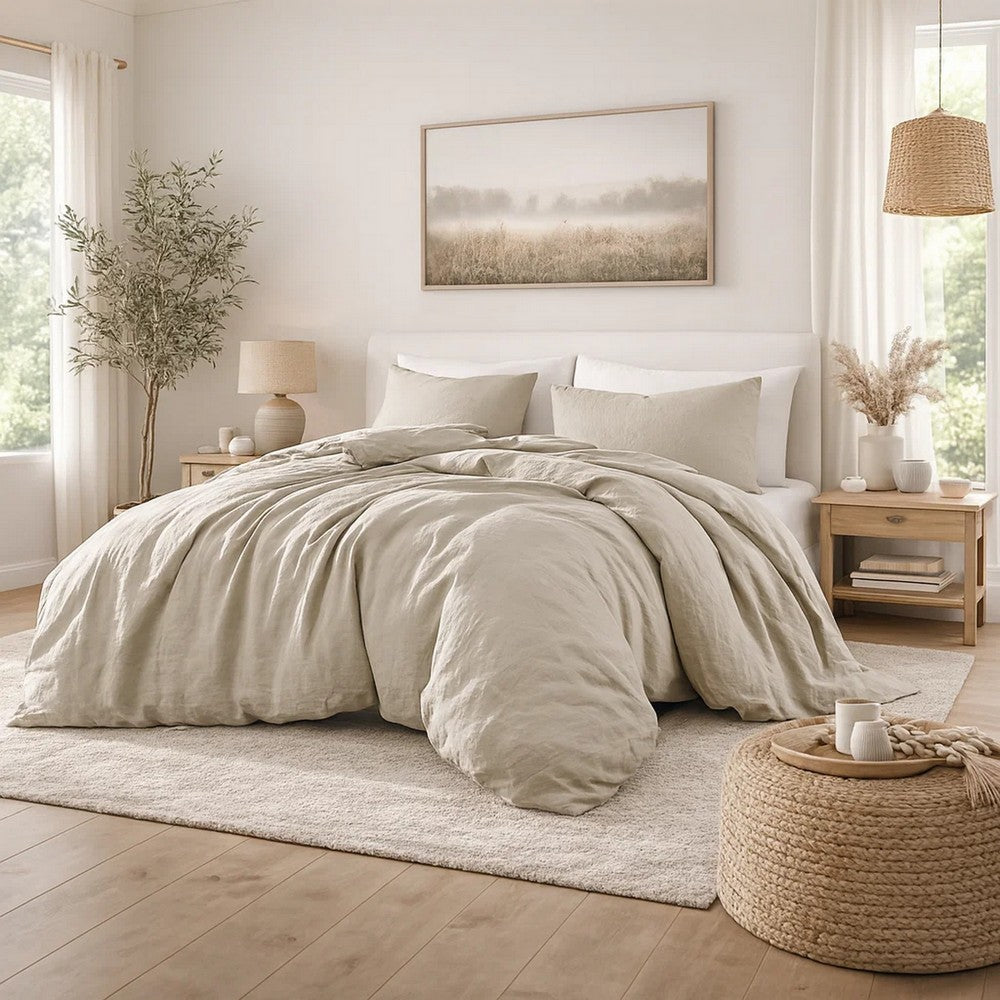 Edge 4 Piece King Size Duvet Comforter Set, Washed Linen, Oatmeal Beige By Casagear Home