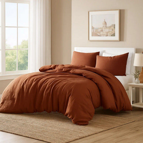 Edge 4 Piece Queen Size Duvet Comforter Set, Washed Linen, Rust Orange By Casagear Home